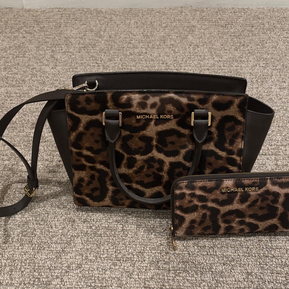 Michael Kors Brown and Black Leopard Satchel and Wallet